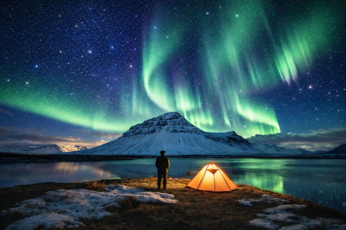在特罗姆瑟拍摄的山间湖泊上空的北极光,摄于 Tromso Norway Tours 的极光体验中,画面中一位旅行者站在发光帐篷旁,头顶是绿色极光