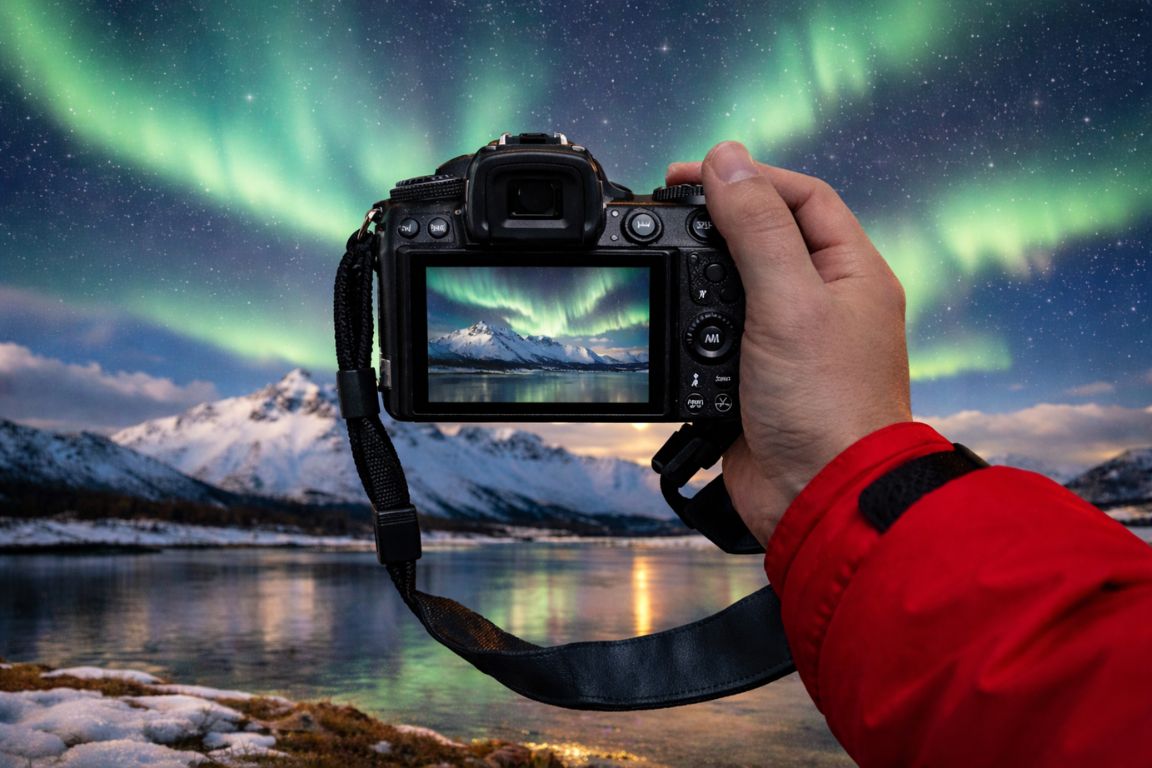 在特罗姆瑟拍摄北极光摄影作品,摄于 Tromso Norway Tours 的导览极光体验中,画面中相机正在拍摄北极山脉和海水上空鲜艳的绿色极光