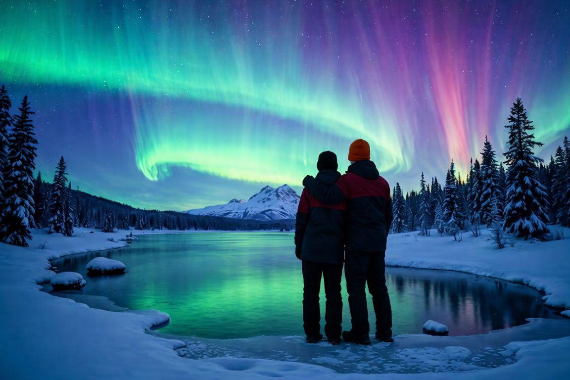 Polar night in Tromsø with vivid Northern Lights photographed during a guided aurora tour with Tromso Norway Tours, showing a couple standing by a frozen river under glowing Arctic skies