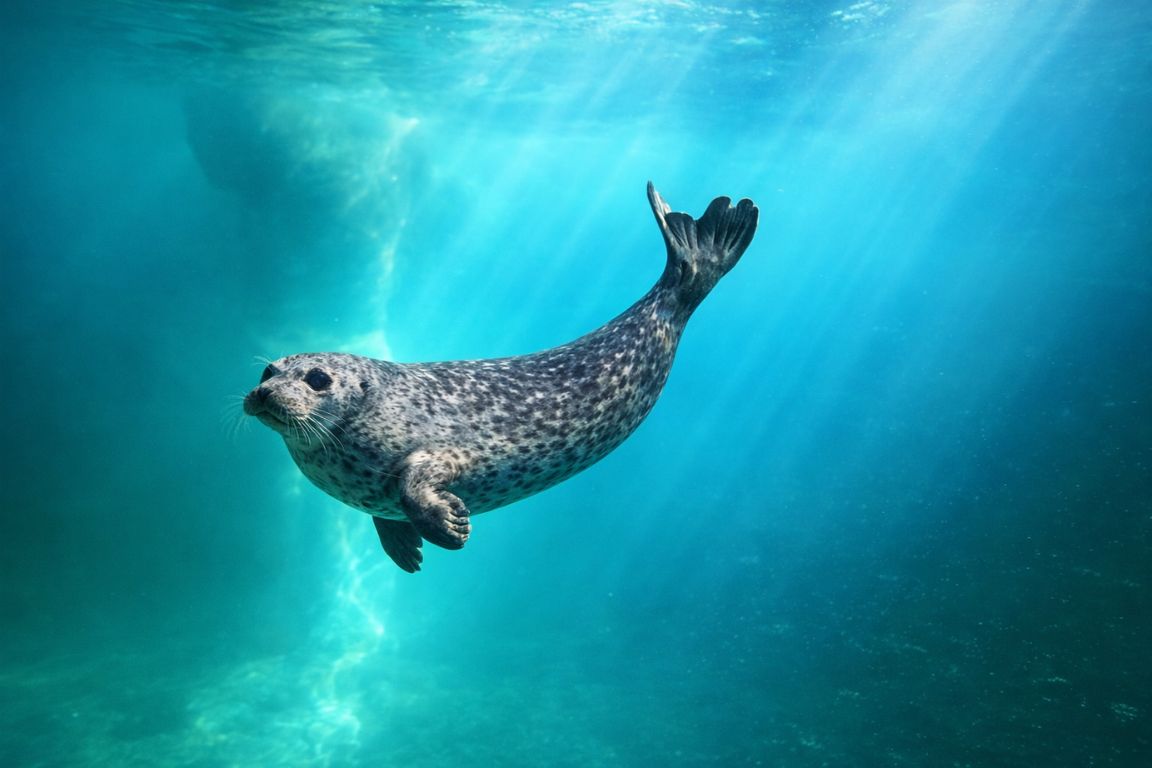 特罗姆瑟 Polaria 水族馆内游泳的海豹，拍摄于 Tromso Norway Tours 的野生动物与城市导览之旅，画面中一只斑海豹在清澈的蓝色北极海水中游动