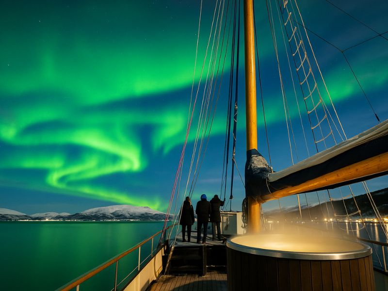 Luxury Northern lights watching from the boat with hot tub in Tromso Norway