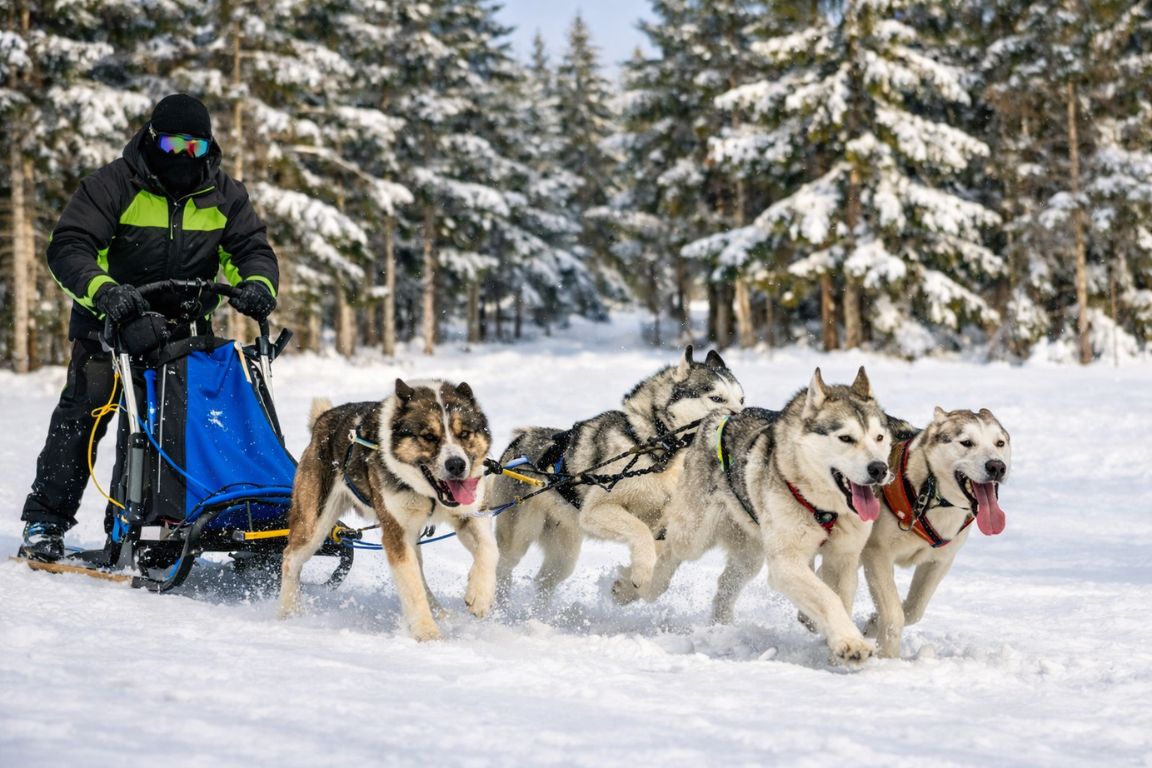Dog sledding in Tromsø photographed during a Tromso Norway Tours Arctic adventure, showing a team of huskies pulling a sled through a snowy forest