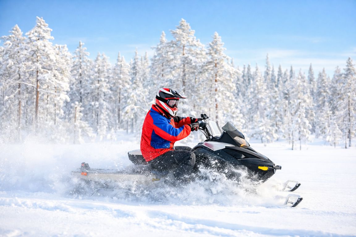 Snowmobile safari in Tromsø photographed during a Tromso Norway Tours Arctic adventure, showing a rider speeding through a snowy forest landscape in northern Norway