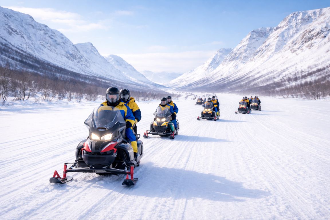 Guided snowmobile tour in Tromsø captured on a Tromso Norway Tours winter excursion, featuring guests riding snowmobiles across a wide Arctic landscape
